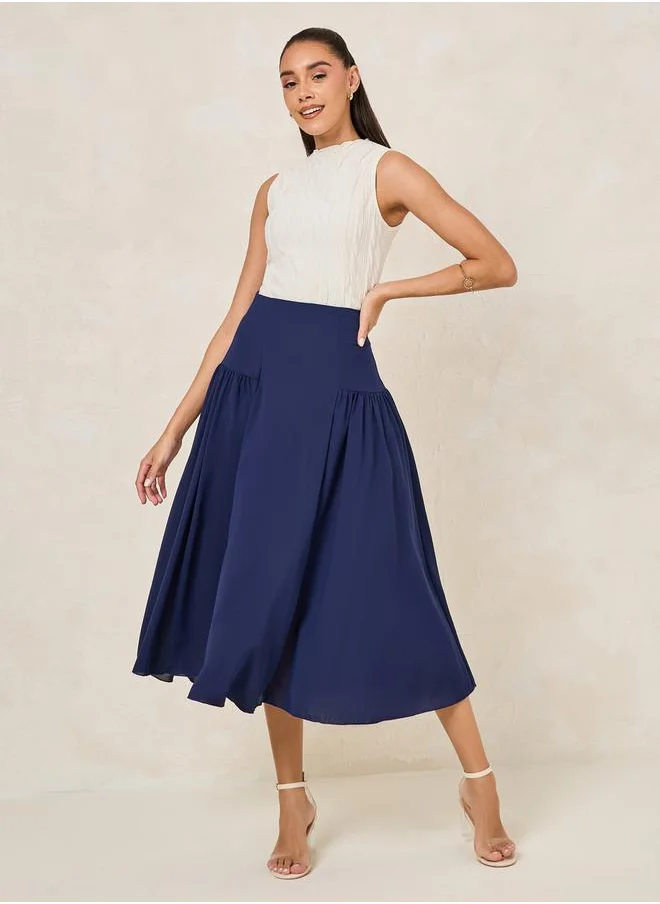 Styli Wide Waistband Plicated A-Line Midi Skirt