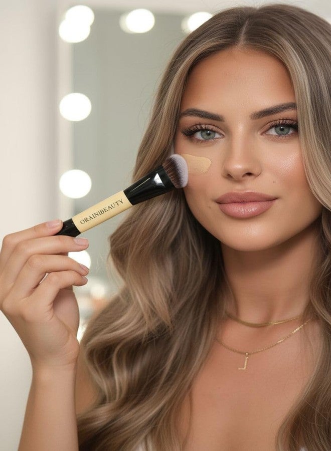 فرشاة مكياج احترافية مزدوجة الأطراف لكريم الأساس والكونتور، فرشاة مكياج 2 في 1 للسائل والكريم والبودرة، أطراف كبيرة للدمج وأخرى دقيقة، شعيرات نباتية ناعمة، لا تترك خطوطًا، من أوريني بيوتي - Image 2