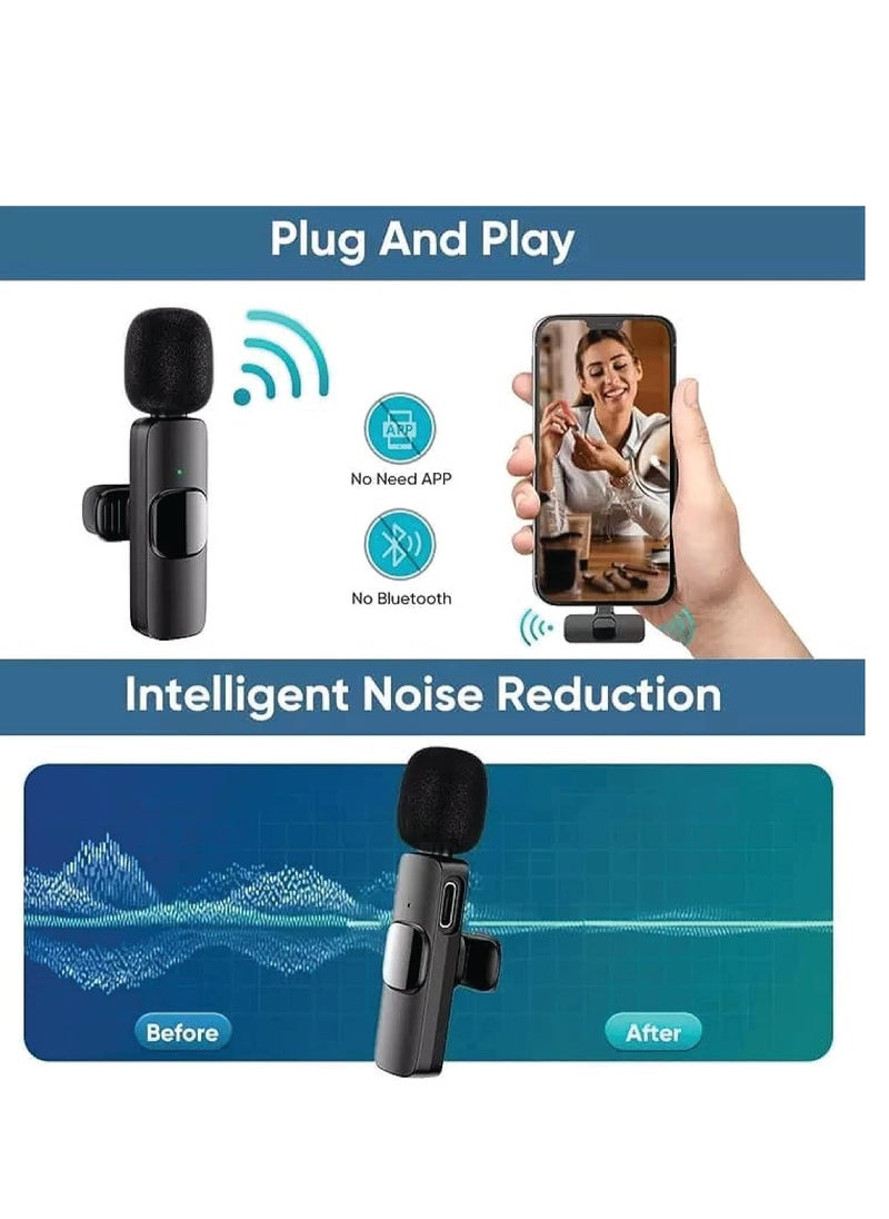 Wireless Microphone Lavalier Microphone 2 in 1 for iPad YouTube Facebook Live Streaming Vlog Audio Recording Cordless Mini mic with noise reduction and Plug-Play- Bluetooth