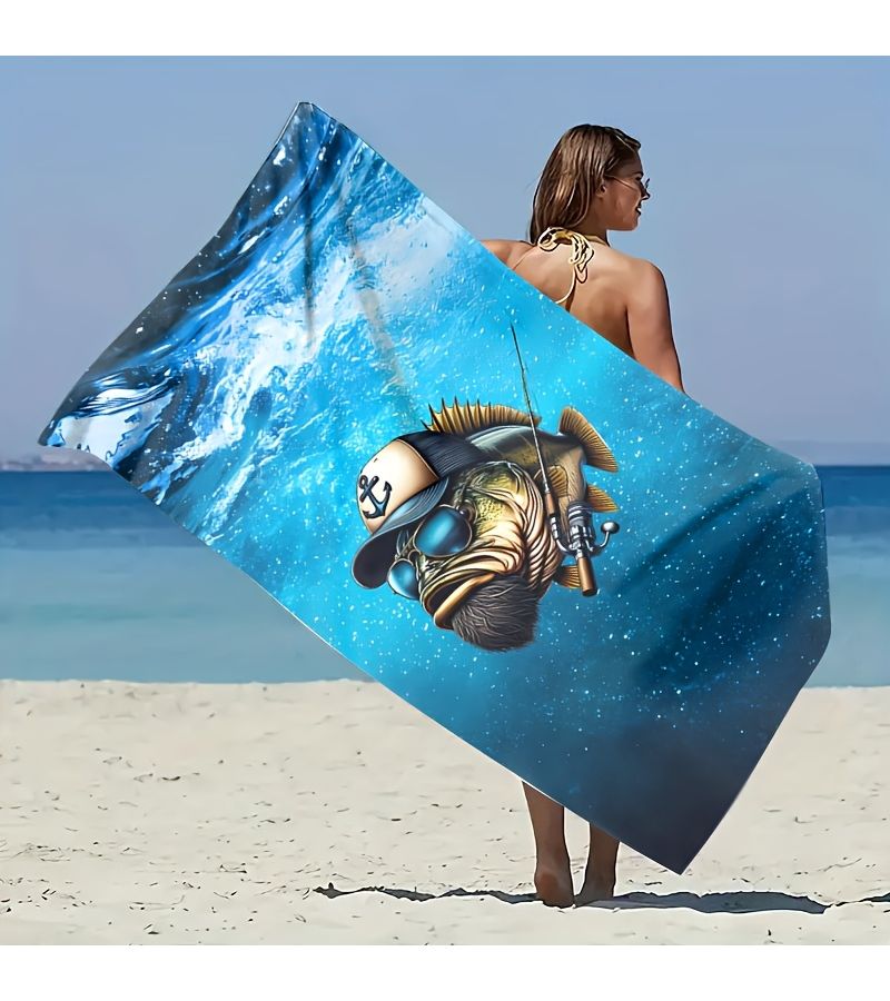 1pc Deep Sea Fish Pattern Beach Towel 27.56x59.06inch For Seaside Swimming Pool Bathroom Camping Travel Yoga Fitness Multipurpose Use - Image 1