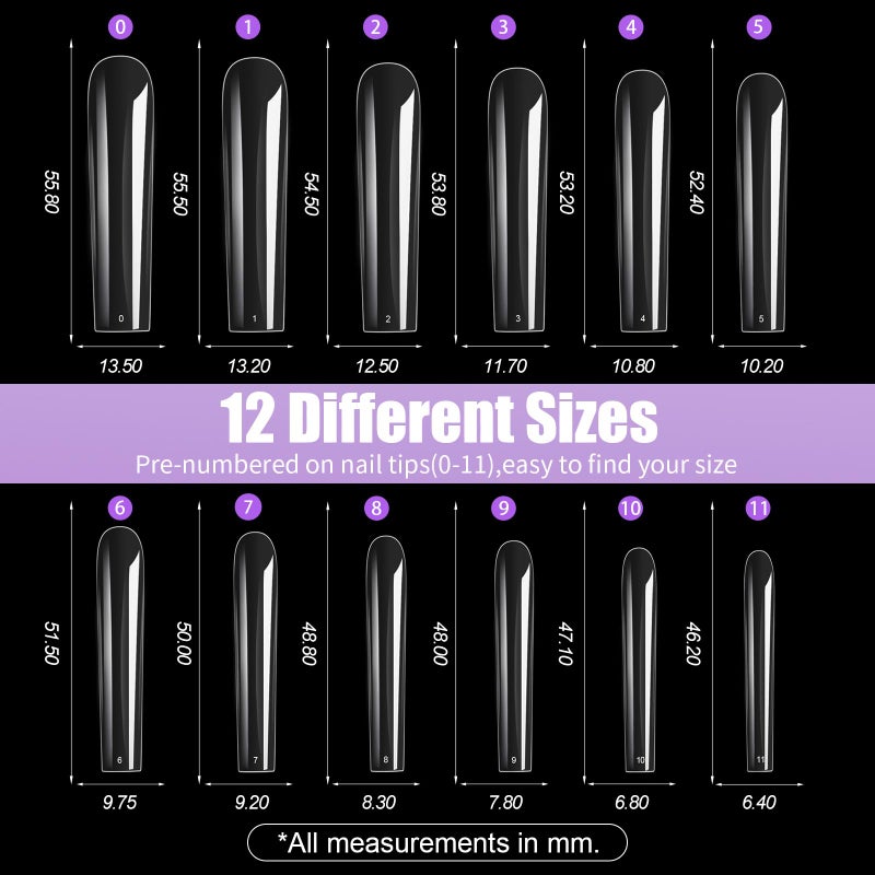 Cycullinyt Long Coffin Nail Tips, 240Pcs Full Cover Soft Gel Nail Tips Pre-shaped 3XL Coffin Shape Clear Acrylic False Nail Fake Nail Extension Press On for Salon Home DIY 12 Sizes - Image 5