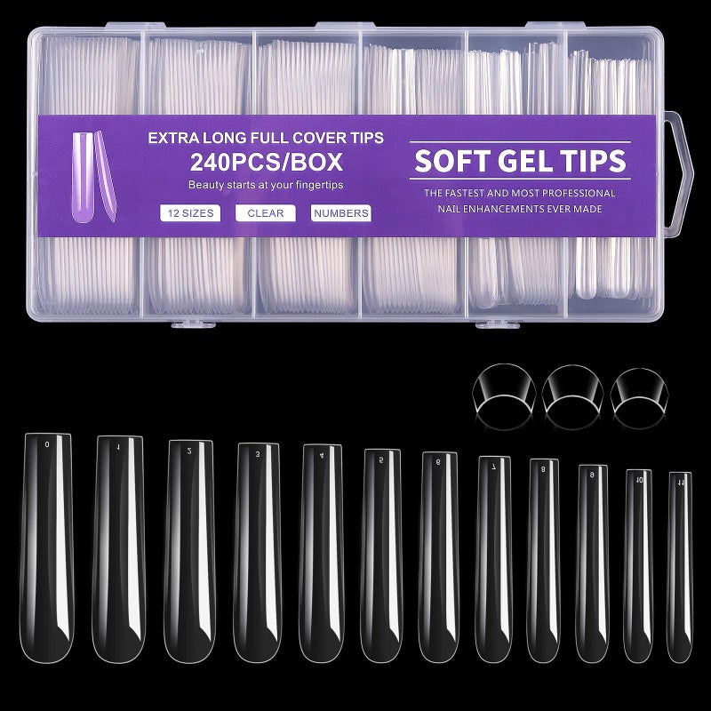 Cycullinyt Long Coffin Nail Tips, 240Pcs Full Cover Soft Gel Nail Tips Pre-shaped 3XL Coffin Shape Clear Acrylic False Nail Fake Nail Extension Press On for Salon Home DIY 12 Sizes - Image 1