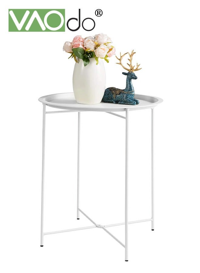 Metal Side Table Side Table for Small Spaces Outdoor Patio Side Table Circle Metal Bedside Table Waterproof Removable Tray Round Accent Table for Nursery Bedroom Balcony Office Dark White