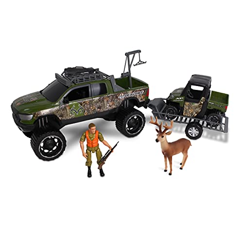 NKOK Realtree 118 Scale FreeWheel Playsets 9PC Set RT Ram 1500 Rebel Polaris Ranger on Trailer Accessories playset Game Hoist Roof Rack Roll Bar Buck Hunter Rifle Rifle Case Multi - Image 1