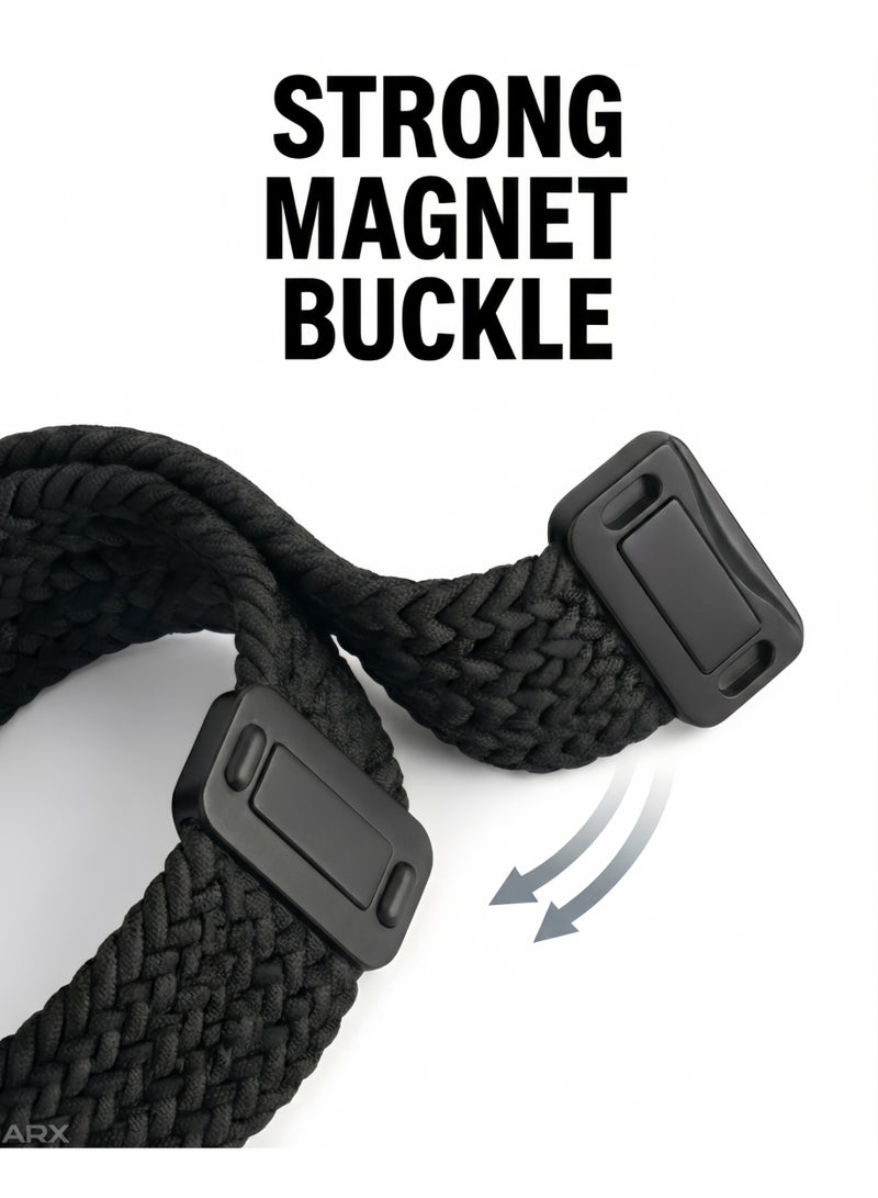 ARX Elastic Braided Nylon Magnetic Buckle Apple Watch Strap – Fits 38/40/41/42mm Series 1–10 / SE – Black - Image 3