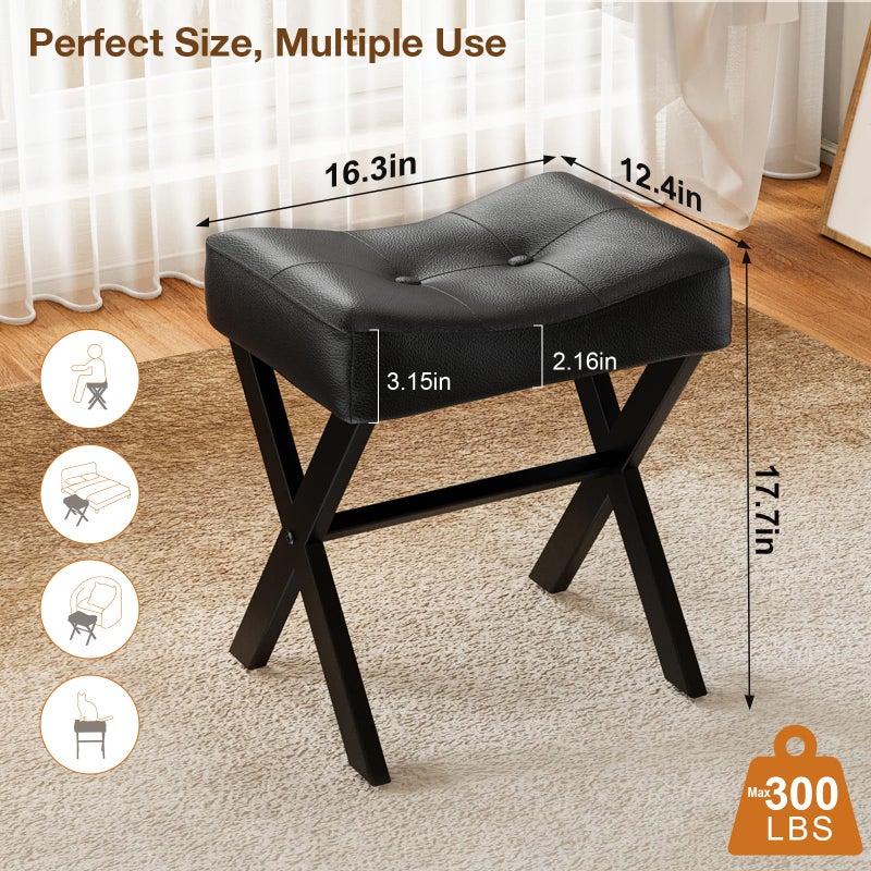 Memobarco 18-Inch Leather Vanity Stool Chair, Vanity Bench with Metal X-Leg, Ottoman Accent Stool with Thick Padded Saddle Seat, Black - Image 2