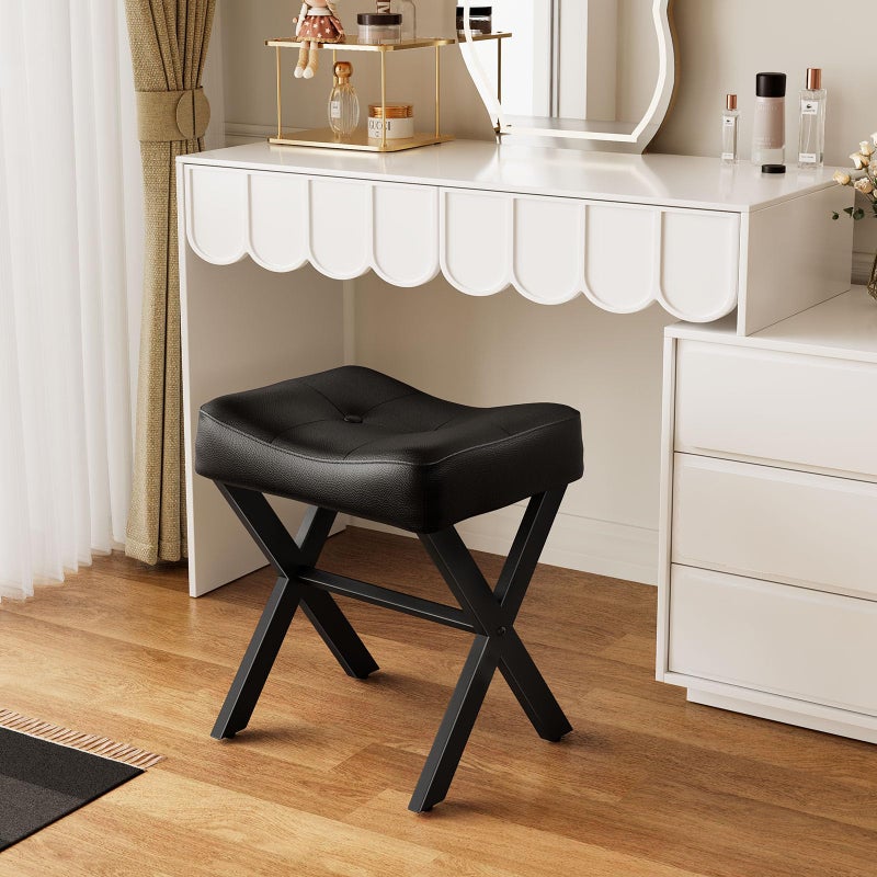 Memobarco 18-Inch Leather Vanity Stool Chair, Vanity Bench with Metal X-Leg, Ottoman Accent Stool with Thick Padded Saddle Seat, Black - Image 5