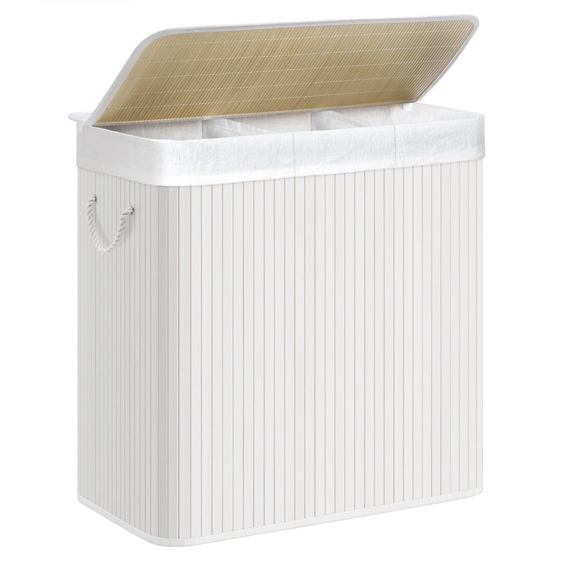 SONGMICS Laundry Hamper 396 Gallons 150L 3Section Laundry Basket Laundry Hamper with Lid Bamboo Foldable Removable and Machine Washable Liner for Laundry Room Bedroom White ULCB091W01 - Image 2