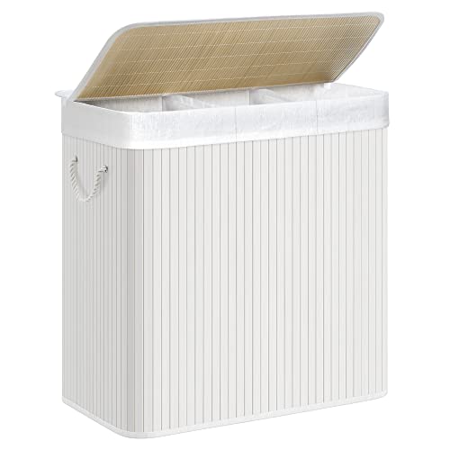 SONGMICS Laundry Hamper 396 Gallons 150L 3Section Laundry Basket Laundry Hamper with Lid Bamboo Foldable Removable and Machine Washable Liner for Laundry Room Bedroom White ULCB091W01 - Image 1