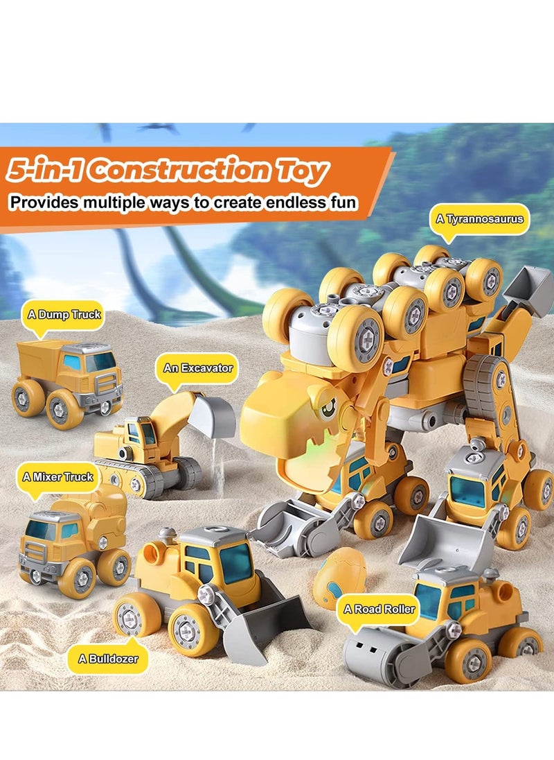 Construction Truck Toys, 5-in-1 Take Apart Dinosaur Toys, Transform Vehicles Set with Dinosaur Egg & Screwdriver, Light & Sound, Educational STEM Building Toys Gifts for 4+ Year Old Boys Girls  - Image 2