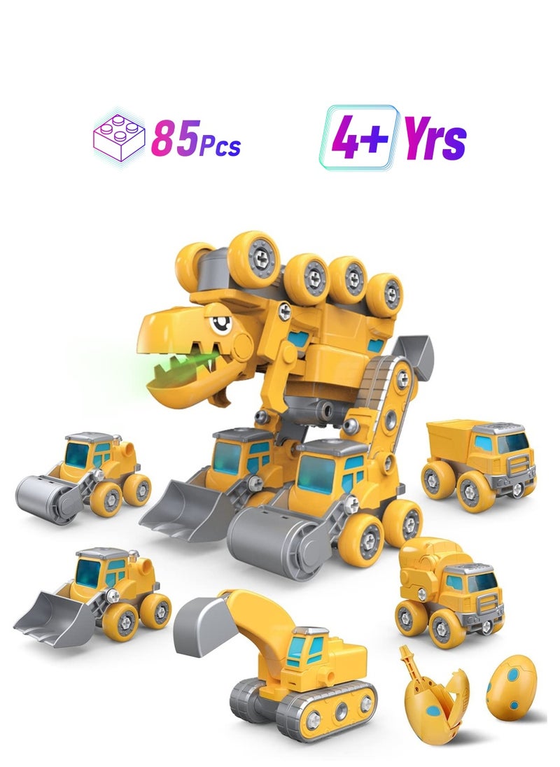 Construction Truck Toys, 5-in-1 Take Apart Dinosaur Toys, Transform Vehicles Set with Dinosaur Egg & Screwdriver, Light & Sound, Educational STEM Building Toys Gifts for 4+ Year Old Boys Girls  - Image 1