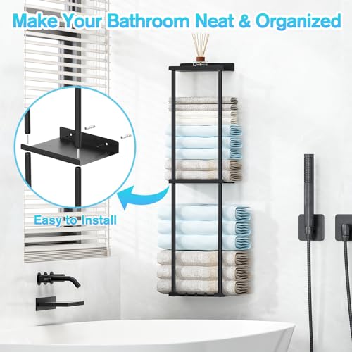 Liuoud Towel Rack for Bathroom, Wall Mounted Vertical Rolled Towel Storage Organizer Holder with Shelf, Holds Up 6 Large Bath Sheets, Black - Image 4