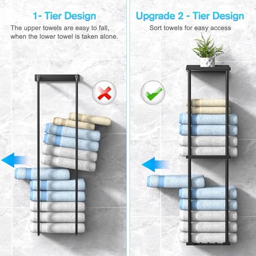 Liuoud Towel Rack for Bathroom, Wall Mounted Vertical Rolled Towel Storage Organizer Holder with Shelf, Holds Up 6 Large Bath Sheets, Black - Image 5