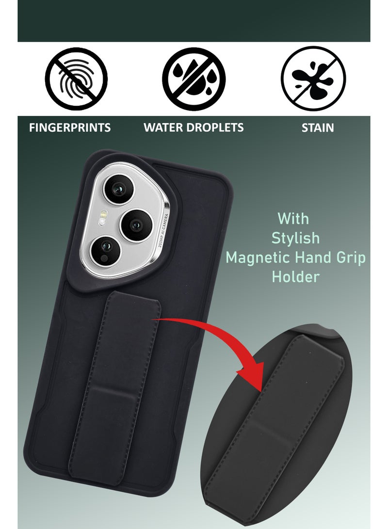 NAFCO For Honor 400 Pro - Hard Silicone Magnetic Back Stand Case  With Foldable Kickstand & Finger Strap - Black - Image 4