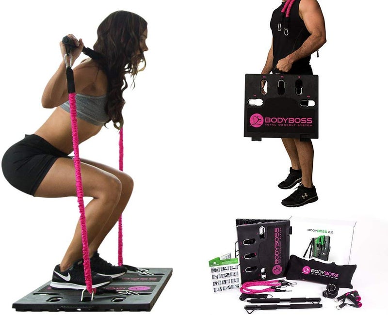 جهاز BodyBoss للتمارين المنزلية 20 حزمة تمارين كاملة محمولة تشمل مجموعة من أحزمة المقاومة 2 مقبض قضيب مقاومة قابل للطي المزيد من تمارين الجسم الكامل للمنزل أو السفر أو في الخارج