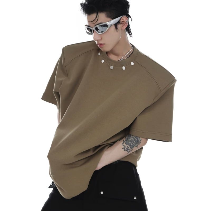 Summer Niche Metal Button Design Shoulder Pad Short-Sleeved T-Shirt Men'S Simple Loose Silhouette T-Shirt Trendy - Image 1