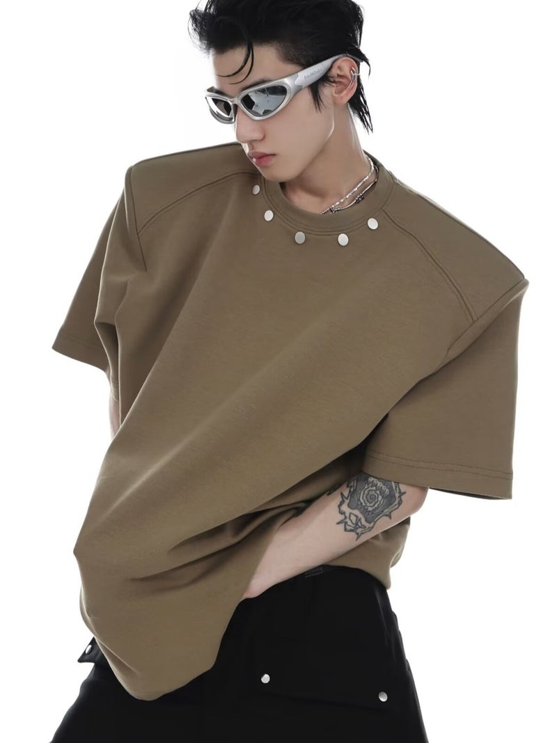 Summer Niche Metal Button Design Shoulder Pad Short-Sleeved T-Shirt Men'S Simple Loose Silhouette T-Shirt Trendy - Image 2