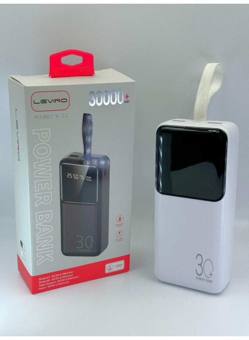 N-22 30000mAh Power Bank with LED Display, Dual USB Output, Fast Charging, Portable Battery Pack – White 1 Year Warranty