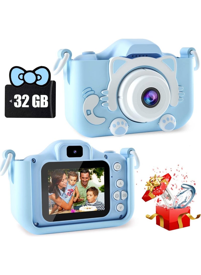 Kids Digital Camera +6 Years Old Boys/Girls, blue with 32GB TF Card, Selfie Camera, Video, Puzzle Games, HD IPS Eye Protection Screen Blue - Image 1