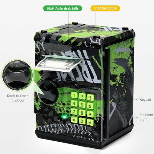 Vcertcpl ATM Piggy Bank for Boys Girls, Vcertcpl Mini ATM Coin Bank Money Saving Box with Password, Kids Safe Money Jar for Adults with Auto Grab Bill Slot, Great Gift Toy Bank for Kids - Image 3