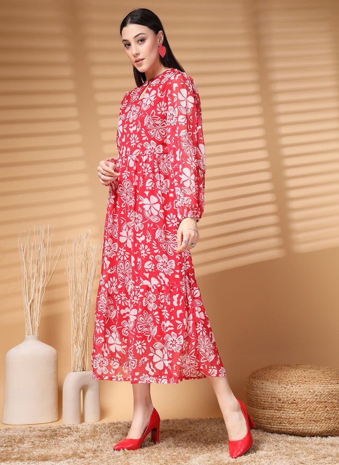 PlusS فستان ميدي A-Line بأكمام منتفخة وطباعة زهور للنساء - Image 4