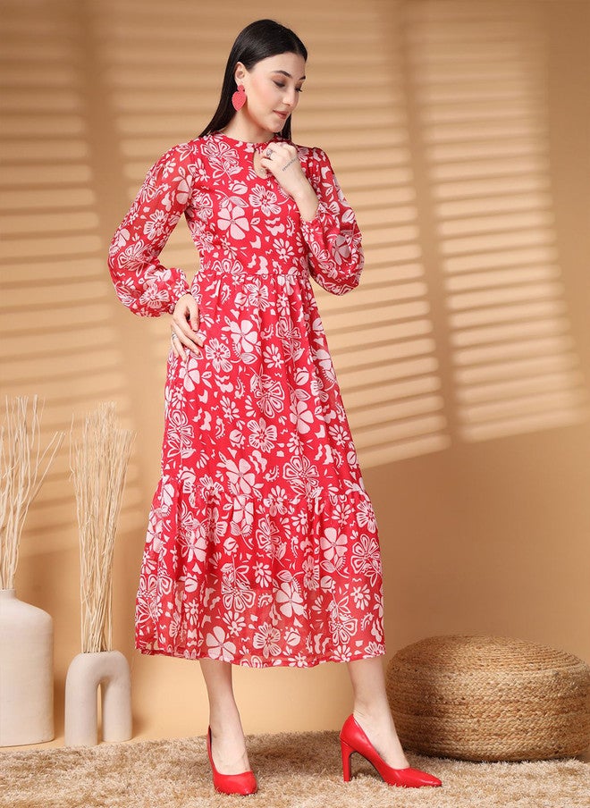 PlusS فستان ميدي A-Line بأكمام منتفخة وطباعة زهور للنساء - Image 3