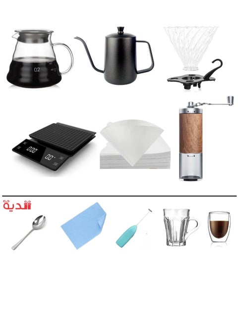 7 Pcs V60 Coffee Maker Coffee Set Portable with Coffee Scale, Manual Grinder, Dripper, Server, and Kettle, Frother with Free Gifts