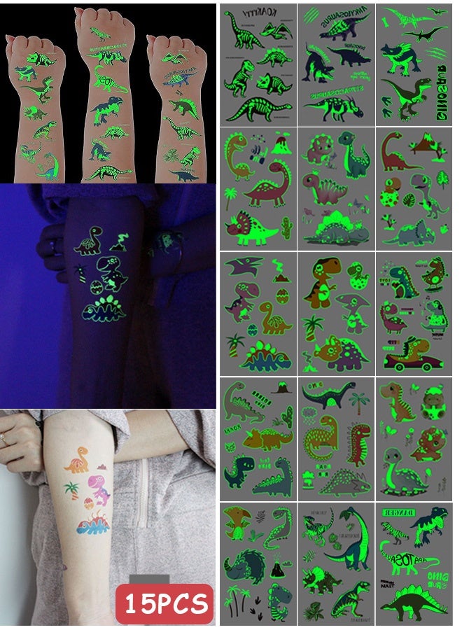 إم إكس إن 15 ورقة وشم مؤقت على شكل ديناصور مضيء للأطفال يتوهج في الظلام مقاوم للماء ملصق وشم مؤقت على شكل ديناصور للهالوين ومستلزمات حفلات أعياد الميلاد وهدايا الأفلام - Image 1