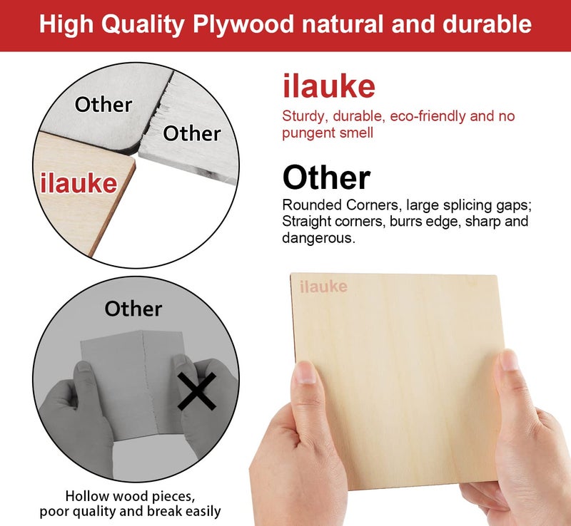 ilauke Wood Squares 4x4 Inch, 50Pcs Unfinished Square Wood Pieces 1/8 Inch, Blank Wood Tiles for Crafts, Laser Cutting, Wood Burning, Painting, Writing, Staining, Engraving, Scrabble Tiles, Home Decor - Image 2