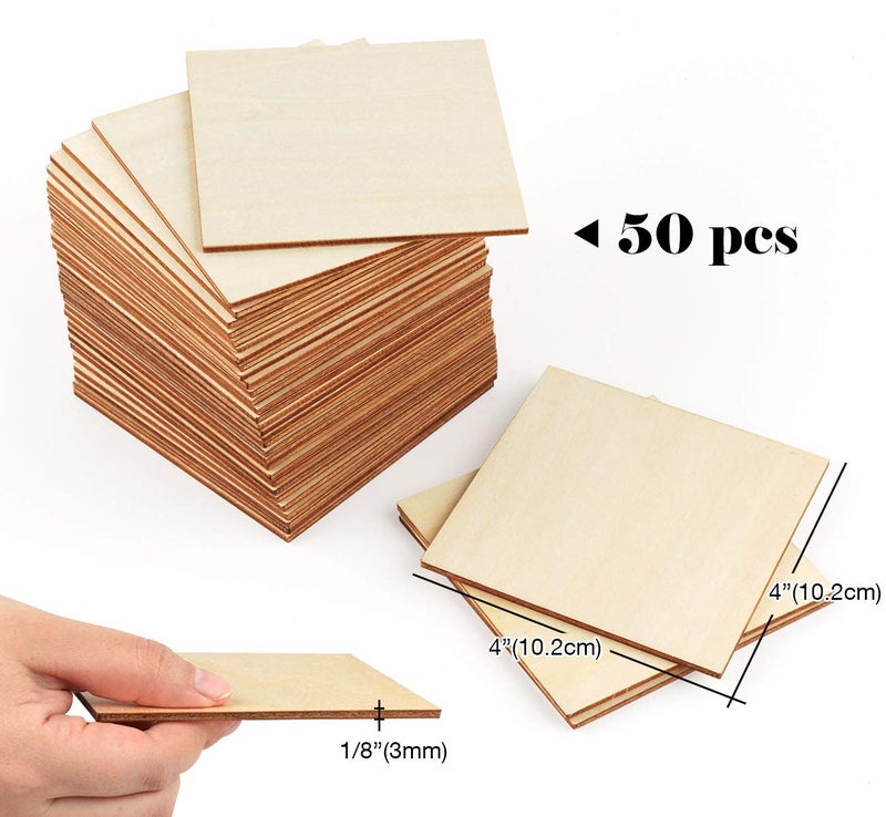ilauke Wood Squares 4x4 Inch, 50Pcs Unfinished Square Wood Pieces 1/8 Inch, Blank Wood Tiles for Crafts, Laser Cutting, Wood Burning, Painting, Writing, Staining, Engraving, Scrabble Tiles, Home Decor - Image 4