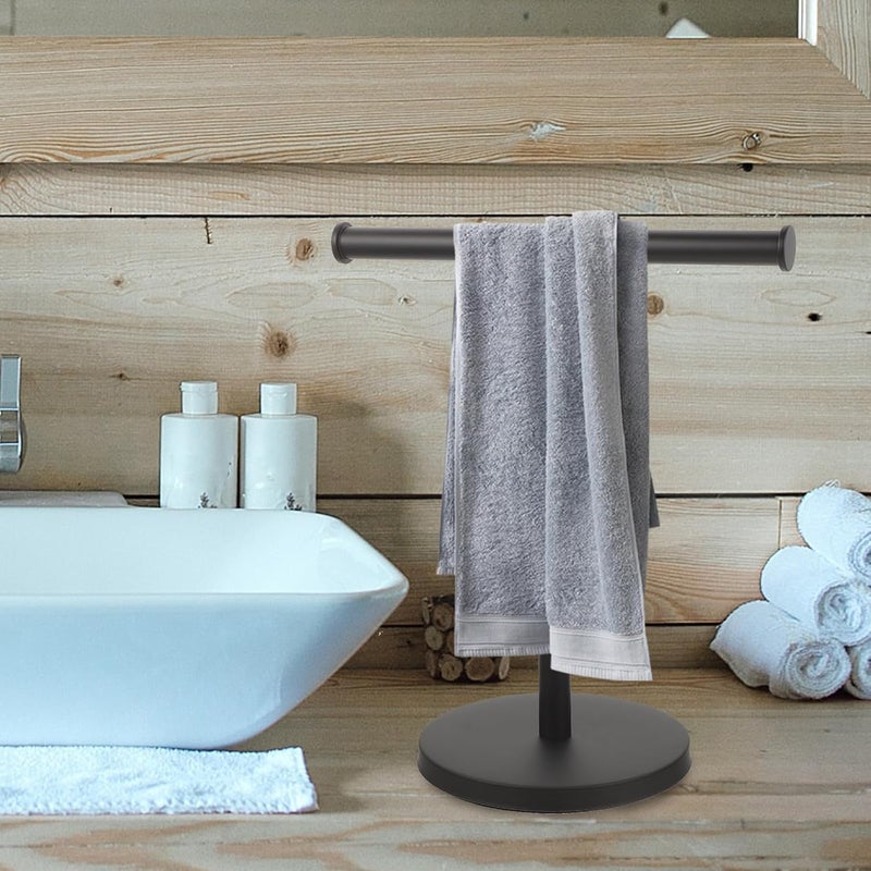 Standing Towel Rack T-Shaped Countertop Holder Matte Black Stainless Steel Vertical Bathroom Towel Storage Bar with Balanced Base for Vanity and Washroom Use - Image 4