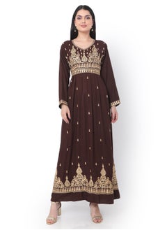 MODEST THICK EMBRODERED WITH LONG SLEEVES AND BELT DARK BROWN HIGH QUALITY STYLISH ARABIC KAFTAN JALABIYA DRESS