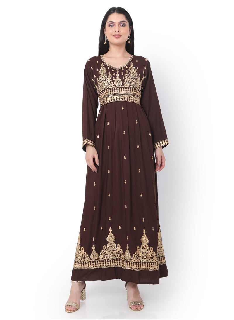 HANA & SARA - MODEST THICK EMBRODERED WITH LONG SLEEVES AND BELT DARK BROWN HIGH QUALITY STYLISH ARABIC KAFTAN JALABIYA DRESS - Image 1