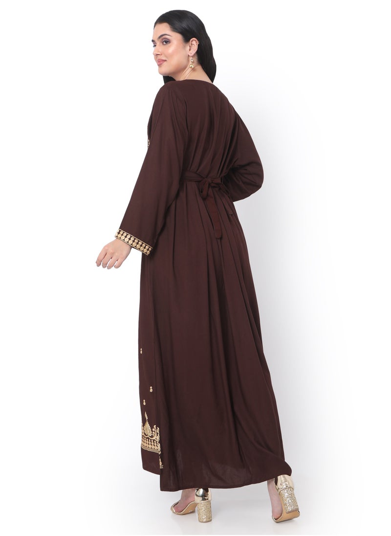 HANA & SARA - MODEST THICK EMBRODERED WITH LONG SLEEVES AND BELT DARK BROWN HIGH QUALITY STYLISH ARABIC KAFTAN JALABIYA DRESS - Image 1