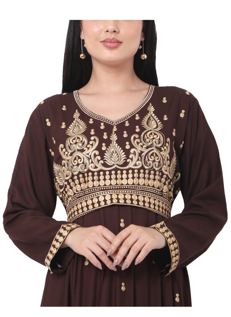 HANA & SARA - MODEST THICK EMBRODERED WITH LONG SLEEVES AND BELT DARK BROWN HIGH QUALITY STYLISH ARABIC KAFTAN JALABIYA DRESS - Image 1