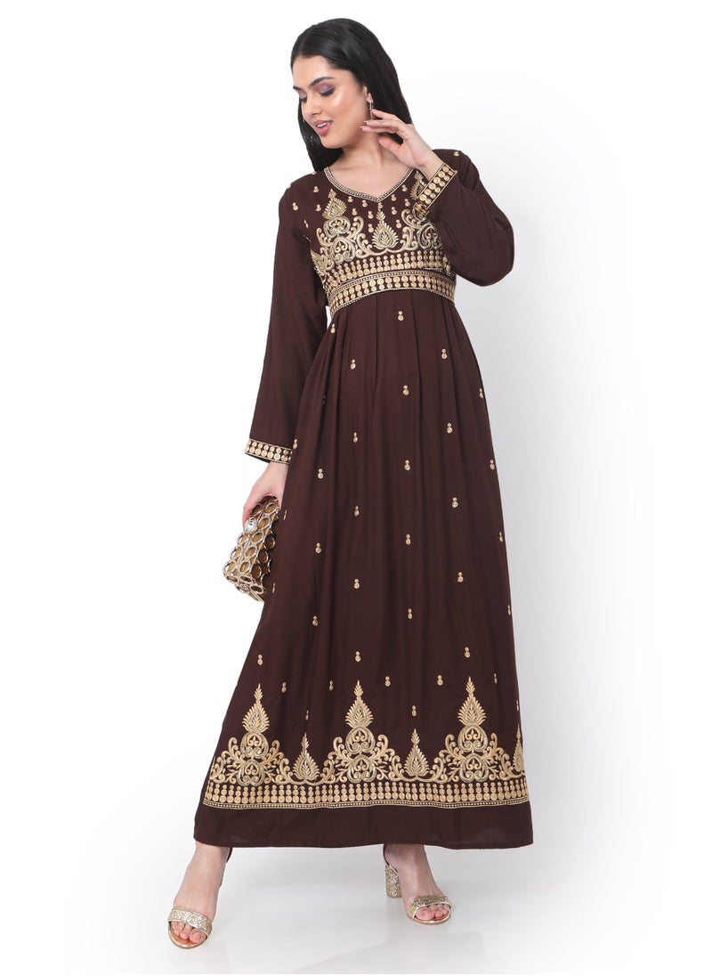 HANA & SARA - MODEST THICK EMBRODERED WITH LONG SLEEVES AND BELT DARK BROWN HIGH QUALITY STYLISH ARABIC KAFTAN JALABIYA DRESS - Image 1