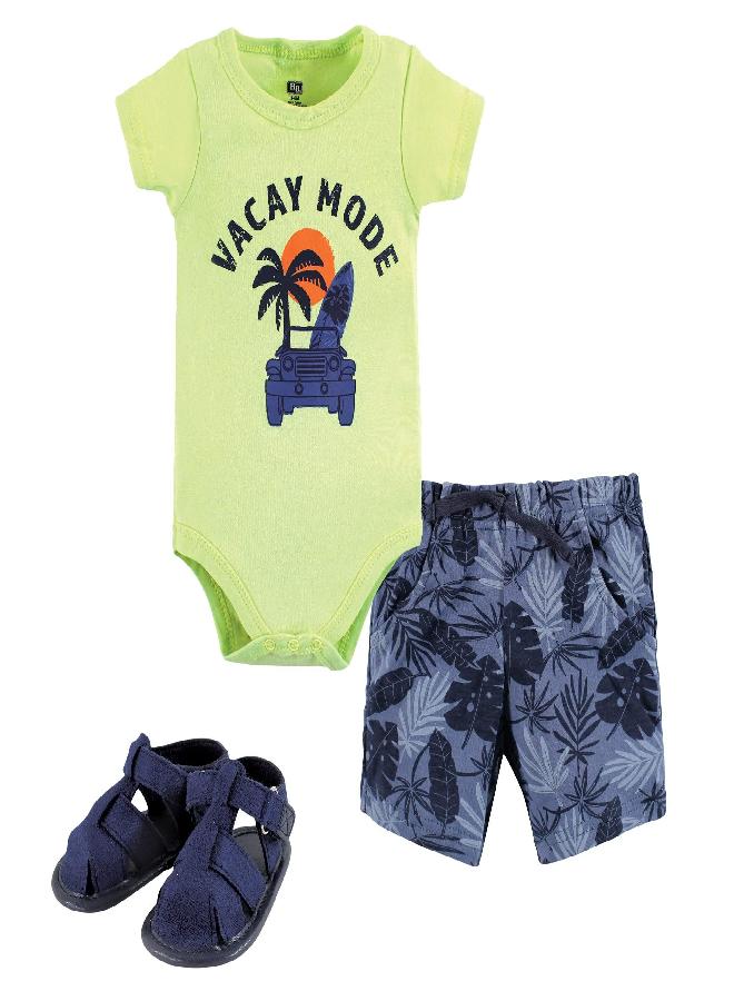 hudson baby Hudson Baby Unisex Baby Cotton Bodysuit, Shorts and Shoe Set Vacay Mode, 9-12 Months  - Image 1