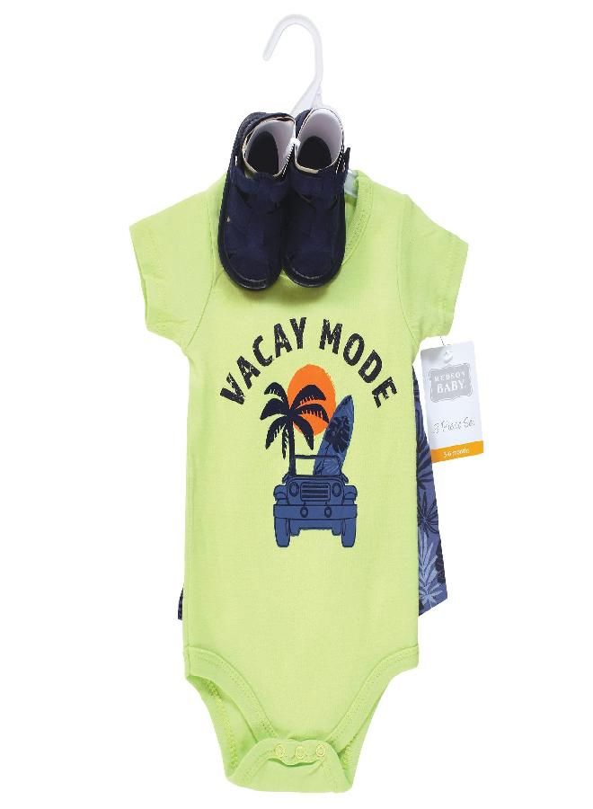 hudson baby Hudson Baby Unisex Baby Cotton Bodysuit, Shorts and Shoe Set Vacay Mode, 9-12 Months  - Image 2