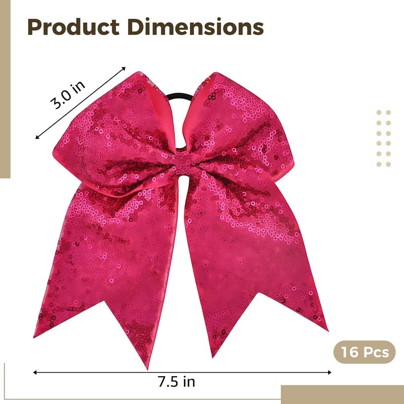 YHomU Cheerleading Sports Cheer Bow, 16 Pcs 7.5 X 3 In Large Glitter, Hot Ponytail Holder For Young Ladies - Image 4