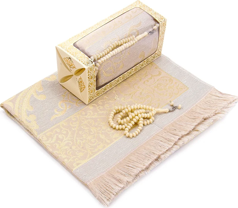 İhvan Special Gift Boxed Prayer Mat and Rosary Set Cream