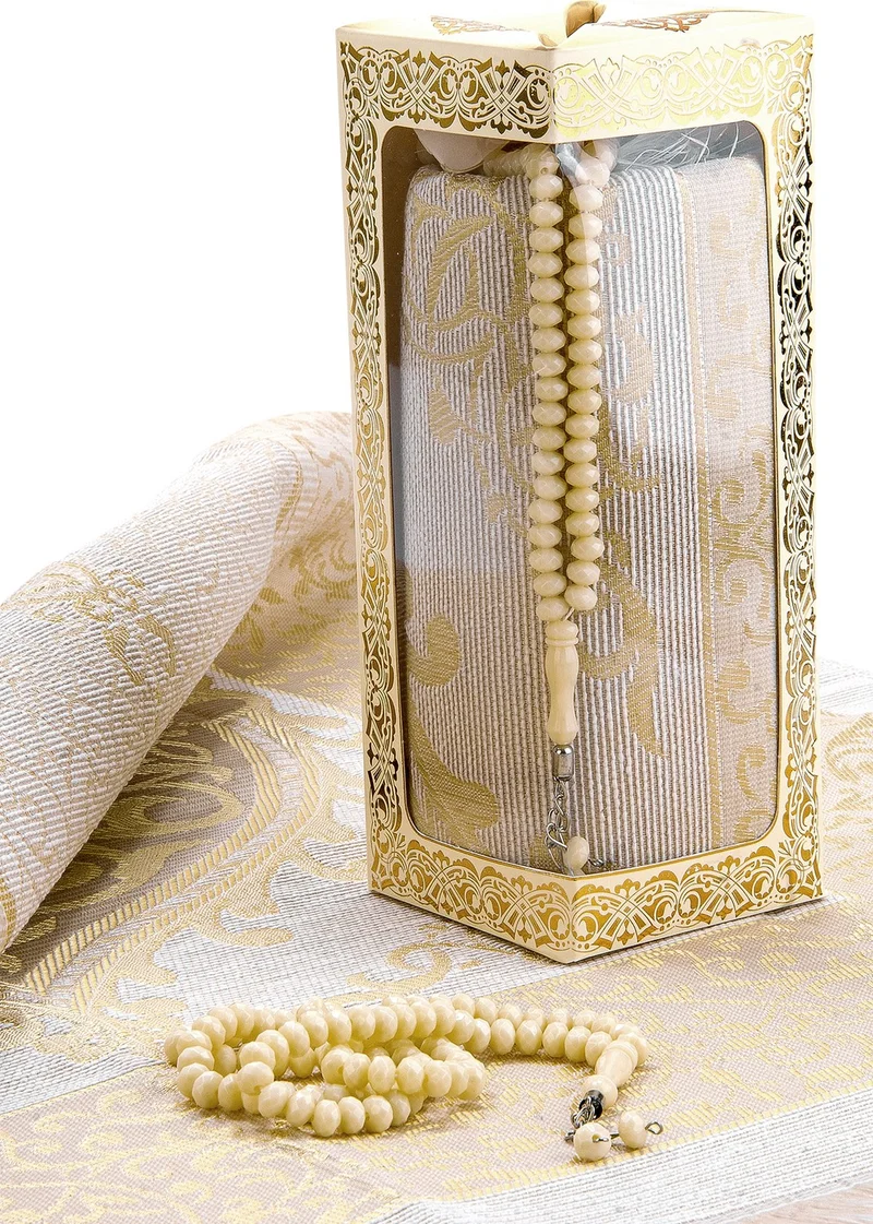 İhvan Special Gift Boxed Prayer Mat and Rosary Set Cream