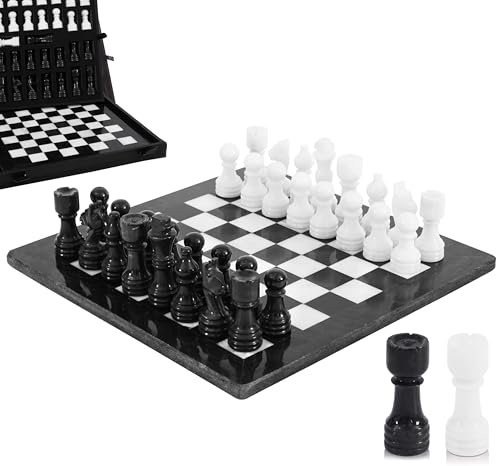 MARBLE RANGE Marble Chess Set for Adults 12 Handmade Black White Board Game with 32 Chess Pieces 2 Extra Queens Storage Box Luxury Travel Game Elegant for Home Decor - Image 1