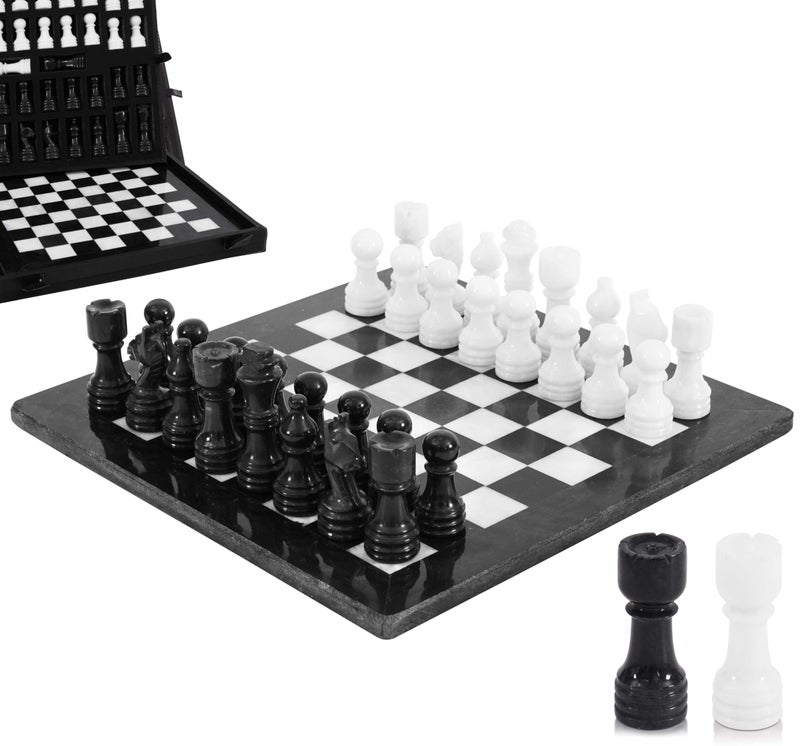 MARBLE RANGE Marble Chess Set for Adults 12 Handmade Black White Board Game with 32 Chess Pieces 2 Extra Queens Storage Box Luxury Travel Game Elegant for Home Decor - Image 3