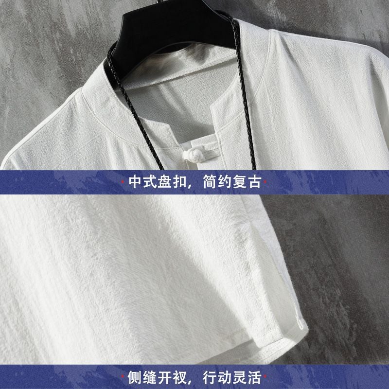 National Fashion T-Shirt Men's Summer Chinese Style Men's Linen Cropped Sleeve Clothes Loose plus size Embroidered Cotton and Linen T-Shirt - Image 4