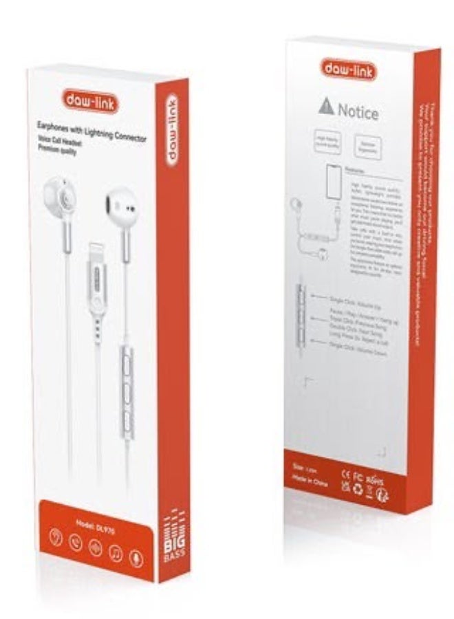 Daw-link DL970 Wired Earphones with Lightning Connector, In-Line Controls, White - Image 2