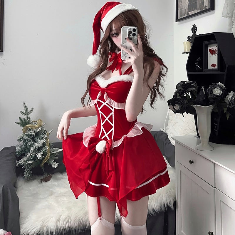 Women's Christmas Velvet Dress Set, Festive Red Outfit with Accessories, Slim Fit Holiday Costume-Inspired Fashion  Set