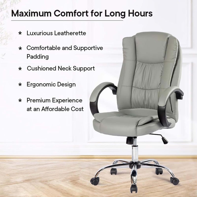 Kuber Industries Leather Office Chairs for Work From Home Comes with Manual Height Adjustable Armrest Headrest Lumbar Support Comfy Study Chair for Students with Wheels Grey SAVOC106GRY - Image 3