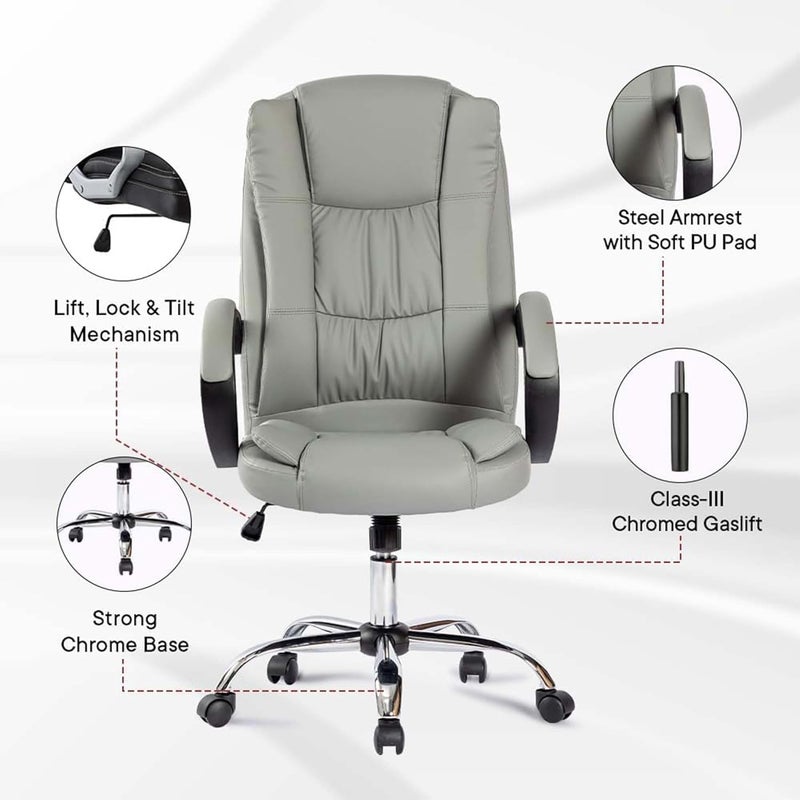 Kuber Industries Leather Office Chairs for Work From Home Comes with Manual Height Adjustable Armrest Headrest Lumbar Support Comfy Study Chair for Students with Wheels Grey SAVOC106GRY - Image 2