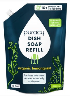 puracy Natural Dish Soap Refill, Skin-Softening Plant-Based Liquid Dishwashing Detergent Soap, Clean-Rinsing Water-Sheeting Formula, (Organic Lemongrass 48 Oz)  - Image 1