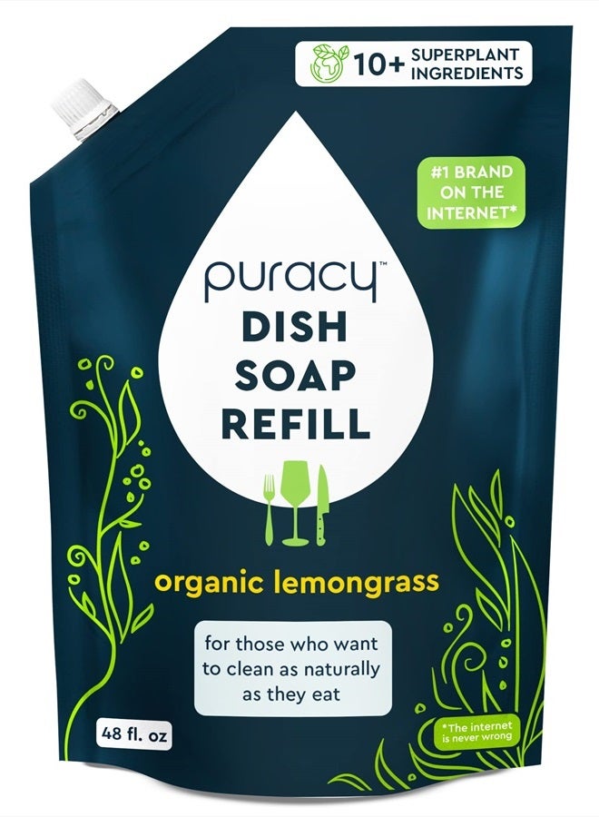 puracy Natural Dish Soap Refill, Skin-Softening Plant-Based Liquid Dishwashing Detergent Soap, Clean-Rinsing Water-Sheeting Formula, (Organic Lemongrass 48 Oz)  - Image 1